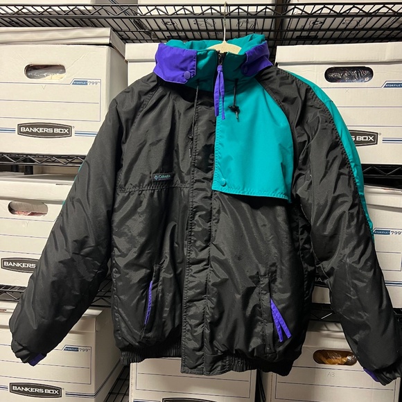 Vintage 1990s Columbia Criterion Winter Ski Jacket Black Purple Teal Color Block